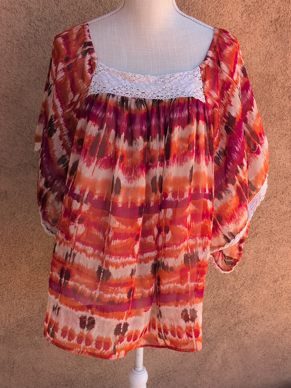 DressBarn Boho Crochet PopArt Tie Dye Sheer Mesh Blouse Hippie Summer Resortwear
